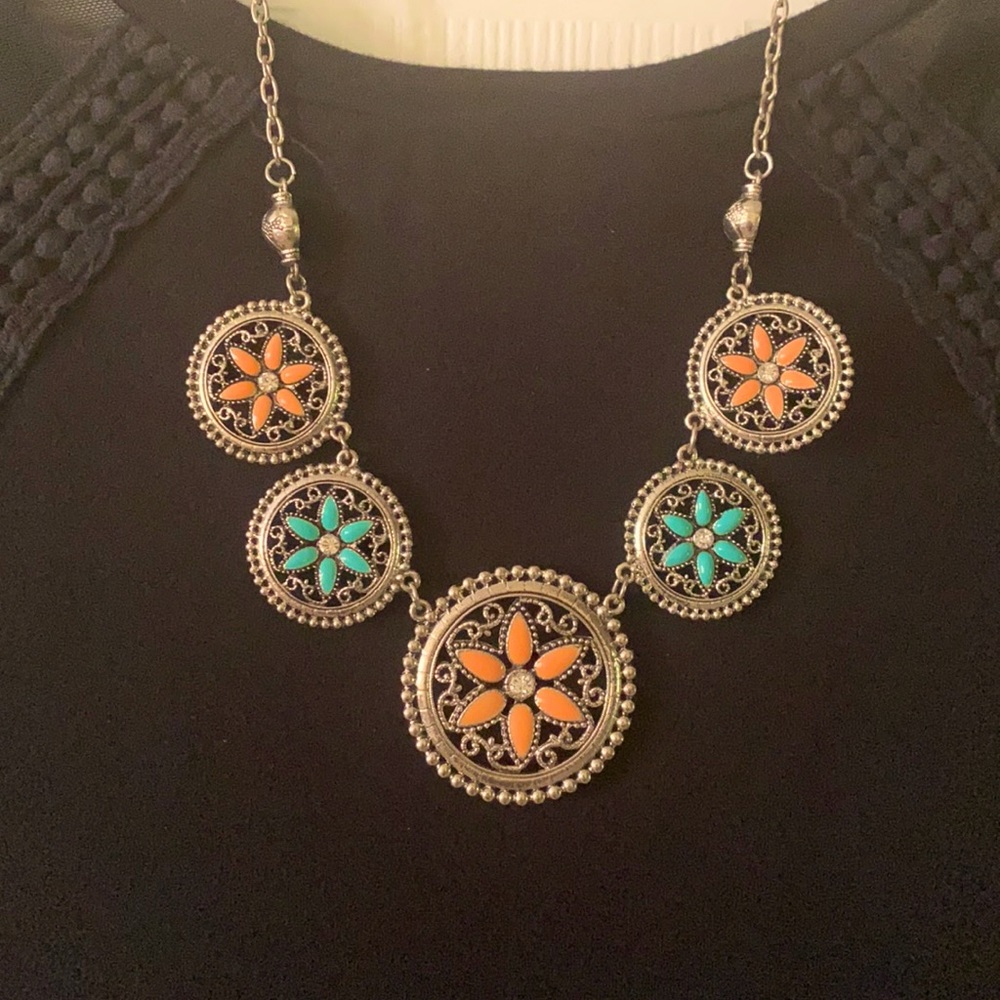 Coral and Turquoise Silver Necklace